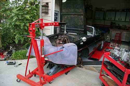 Pulling the engine from the 1965 MGB