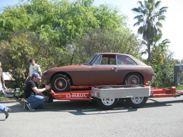 Here is the car on the trailer to go home.