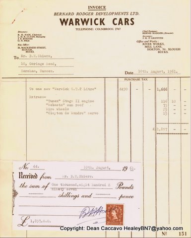 This is the original invoice from Warwick Cars.  It is a little hard to read at this resolution, but for 1,987 pounds sterling the Webasto top, wire wheels, stage II engine tuning and brake servo were included. Invoice date August 10 1961.