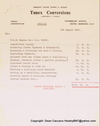 Nine days earlier on August 1st of 1961 Tunex Conversions completed the engine work.  Seems like a reasonable price, wouldn't you say?