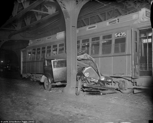 This car came out loser in a battle of wills with a trolley bus on Boston's South End in 1932