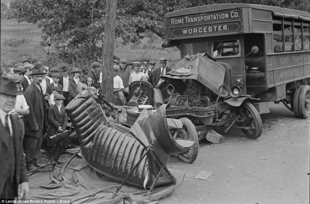 Local businessman Byron Harwood and Byron Grover were hurt when their car collided with a bus in Waltham, Mass. in 1921. They were lucky to survive this nasty looking wreck. Their car certainly didn't