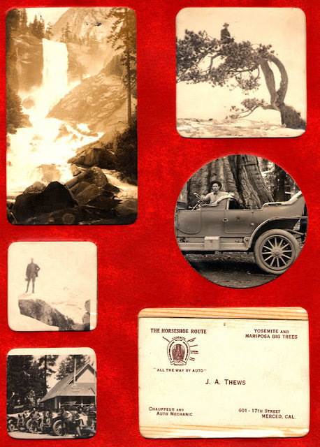 Album cover - Yosemite Falls/Grandpa in a tree/at Glacier Point/in his White touring car/ Other cars &amp; drivers/ his business card