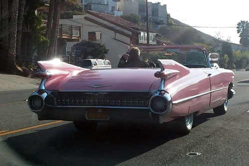 On PCH, a huge pink Cadillac.